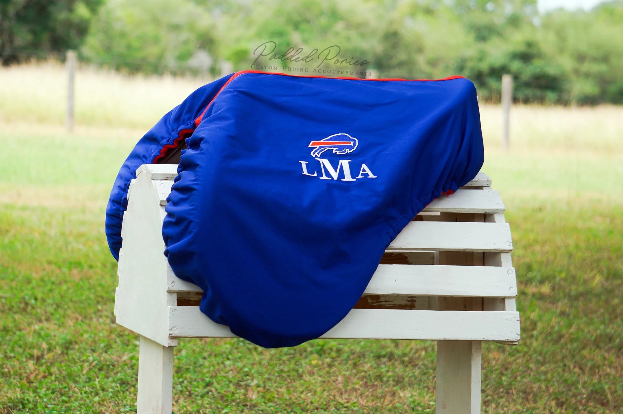 Royal Blue and Red Buffalo Bills Football Patch All Purpose Monogrammed Saddle Cover