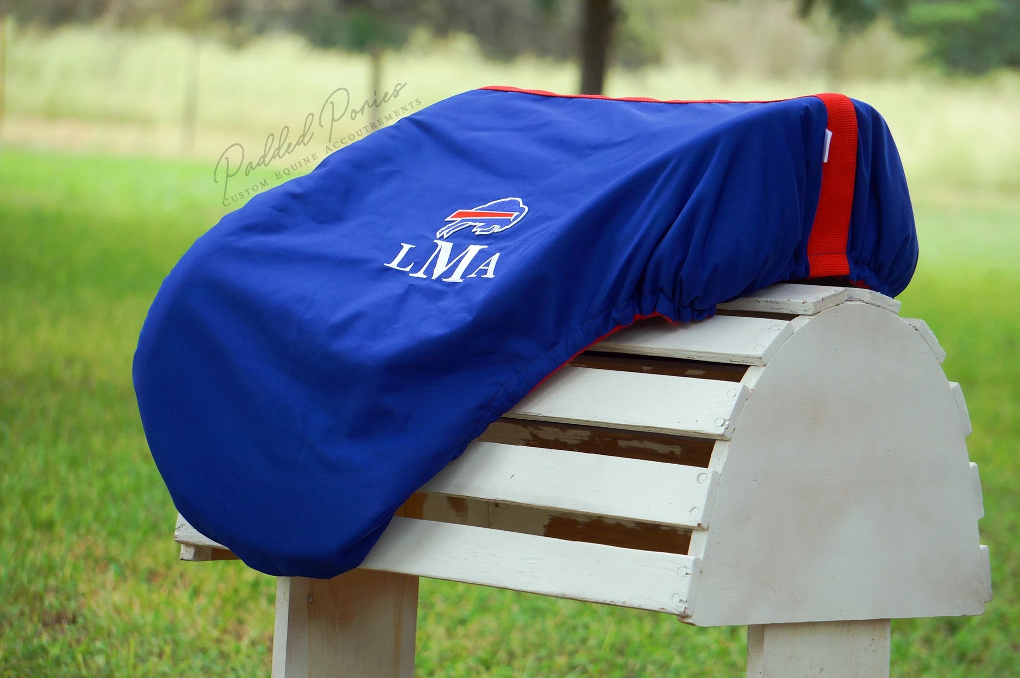 Royal Blue and Red Buffalo Bills Football Patch All Purpose Monogrammed Saddle Cover