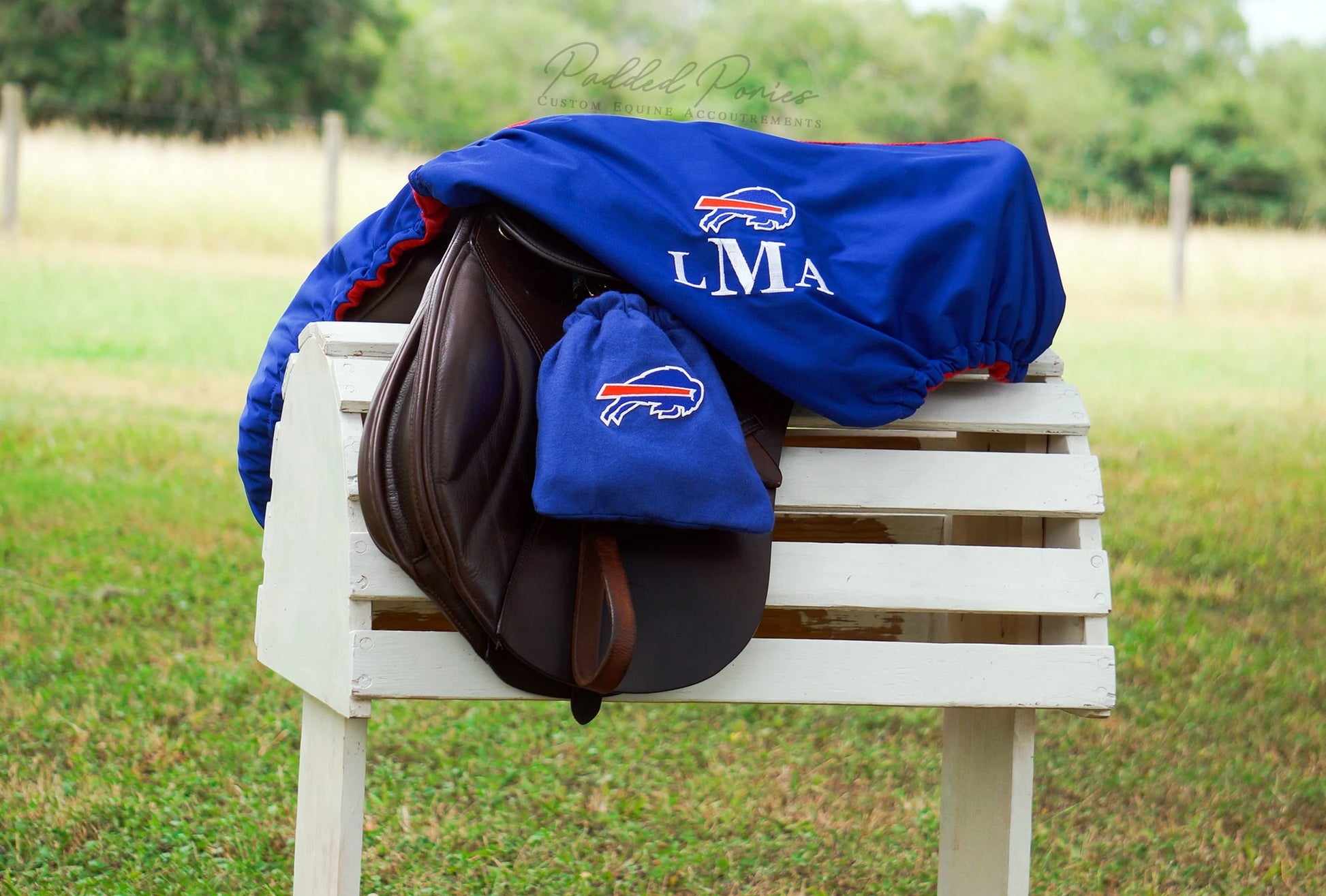 Royal Blue and Red Buffalo Bills Football Patch All Purpose Monogrammed Saddle Cover with Matching Stirrup Covers
