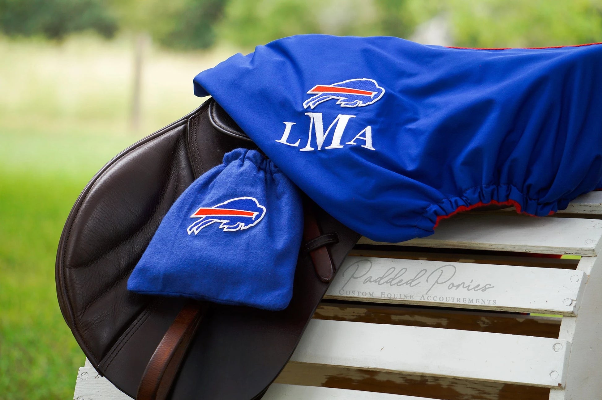 Royal Blue and Red Buffalo Bills Football Patch All Purpose Monogrammed Saddle Cover Set with Matching Stirrup Covers