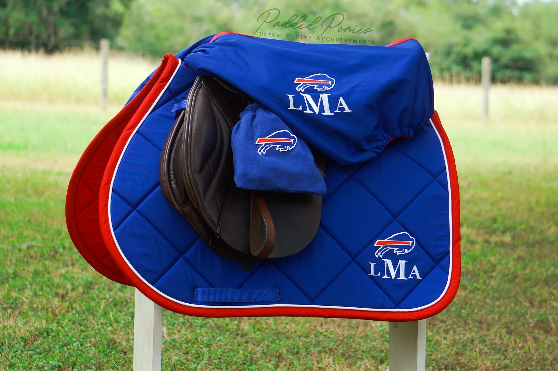 Royal Blue and Red Buffalo Bills Football Patch Monogrammed All Purpose Saddle Pad with Matching Saddle Cover and Stirrup Covers 