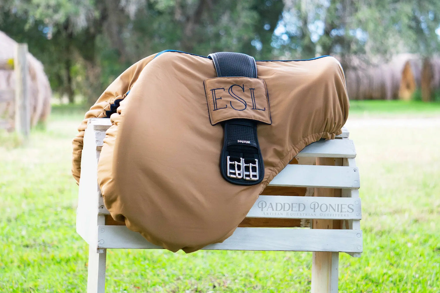 Camel Tan and Navy Blue Saddle Cover with Girth Pocket and Monogram
