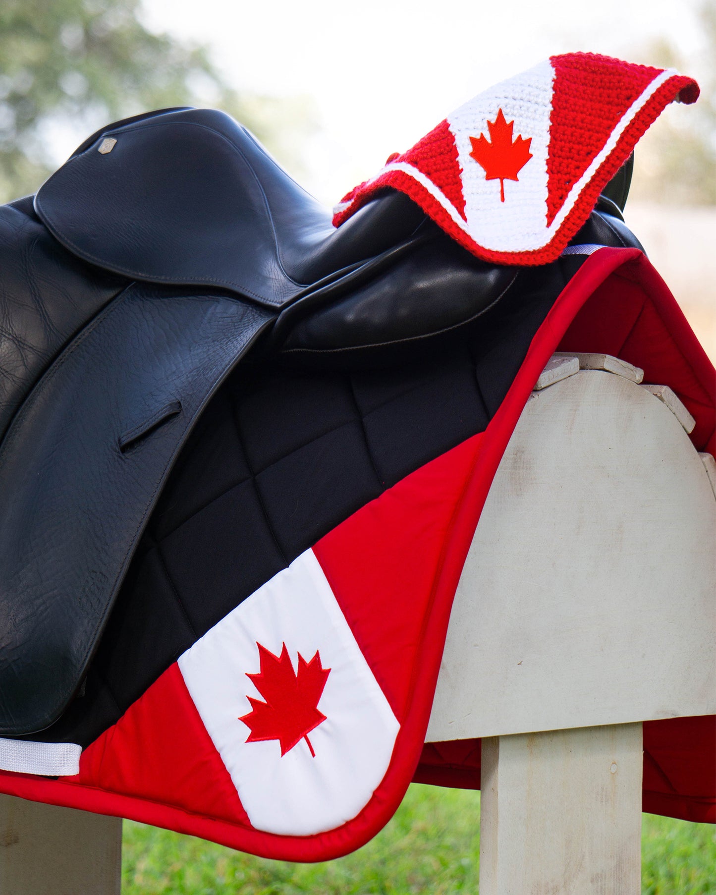 Canadian Corner Flag Dressage Saddle Pad with Matching Fly Veil Bonnet