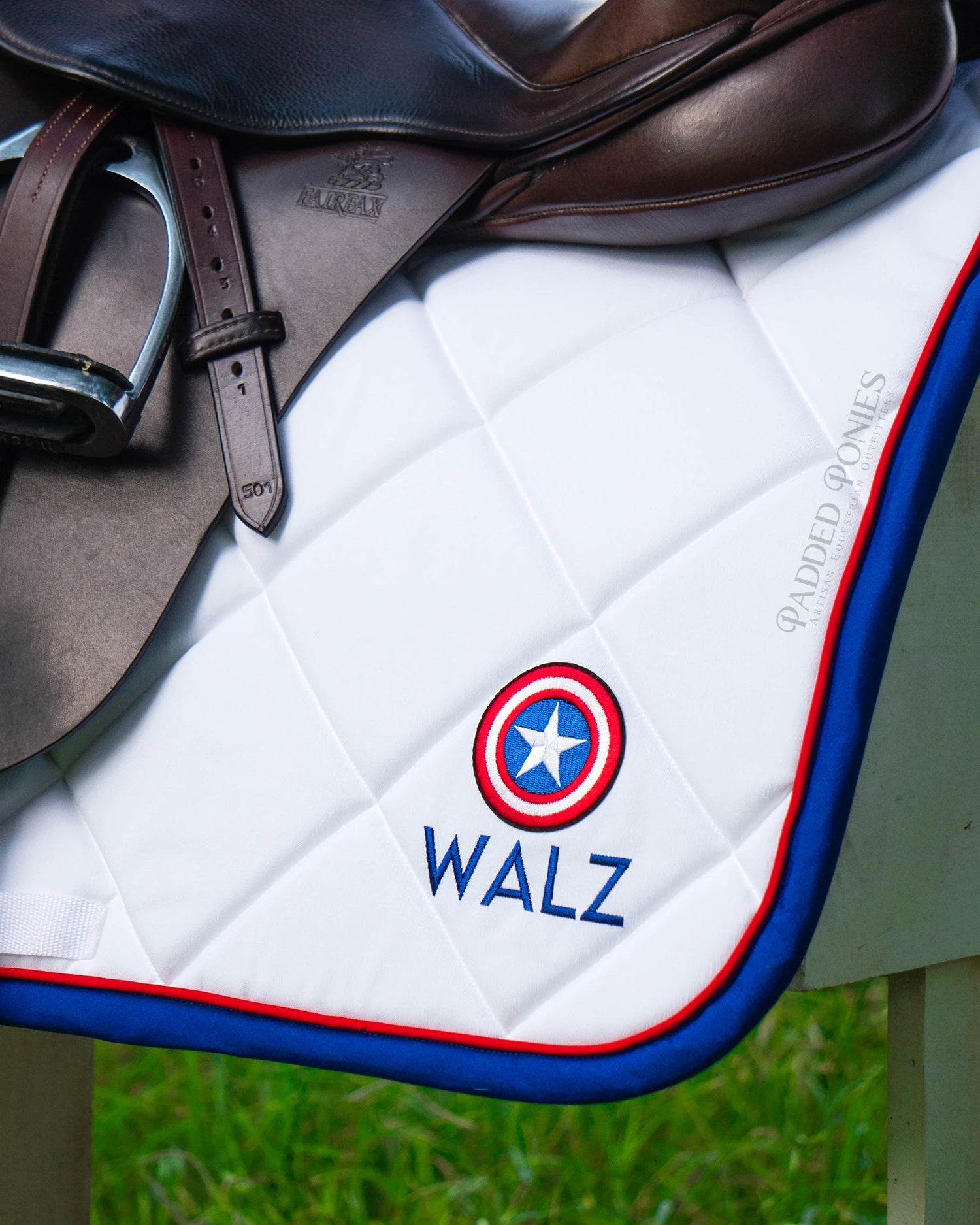 Red, White, and Blue Marvel Captain American Patch Jump Saddle Pad with Embroidery