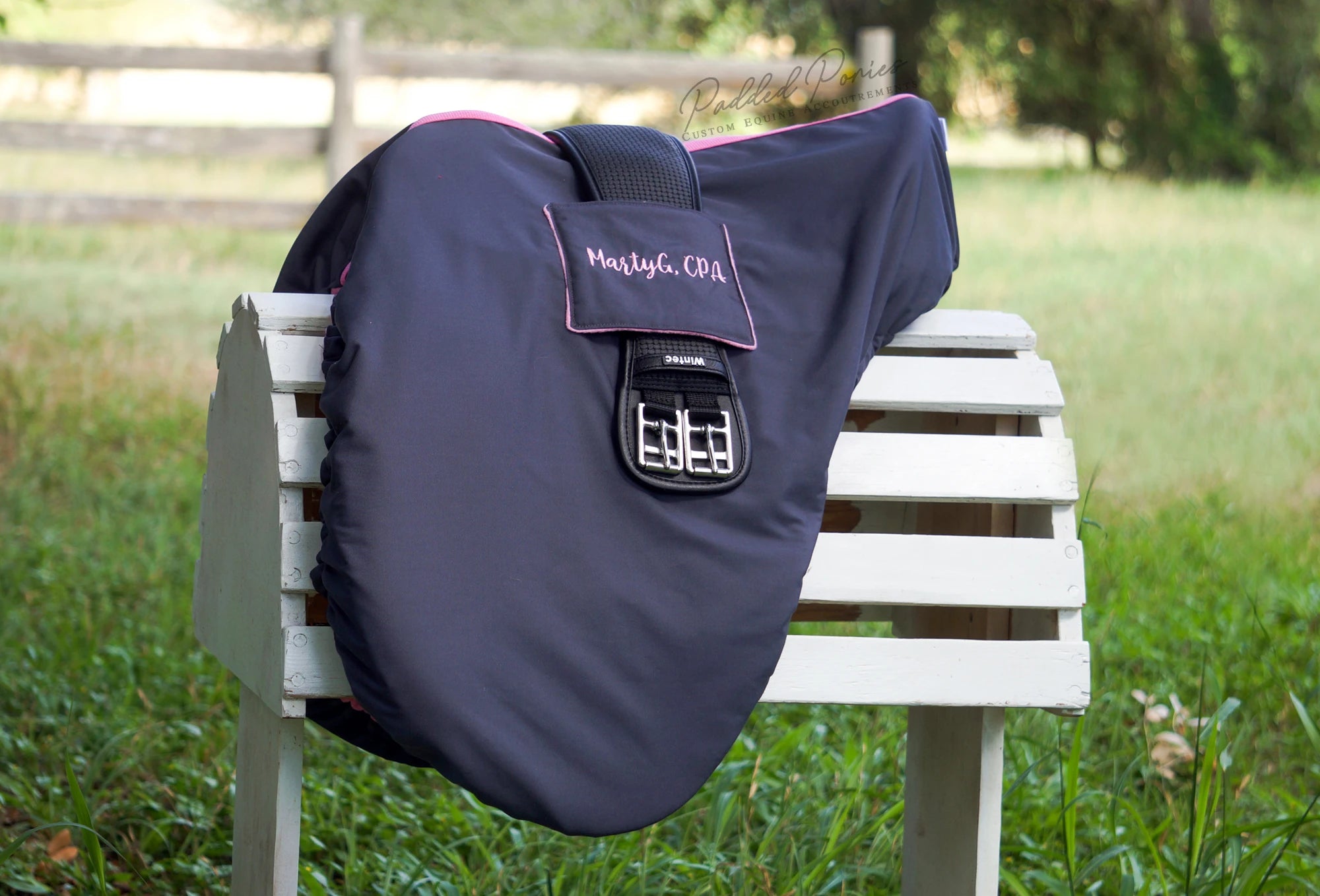 Charcoal Gray and Bubblegum Pink Monogrammed Solid Color Dressage Saddle Cover with Girth Holder Pocket