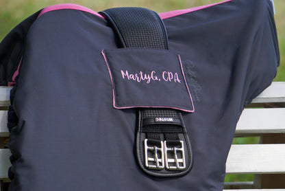Charcoal Gray and Bubblegum Pink Monogrammed Solid Color Dressage Saddle Cover with Girth Holder Pocket