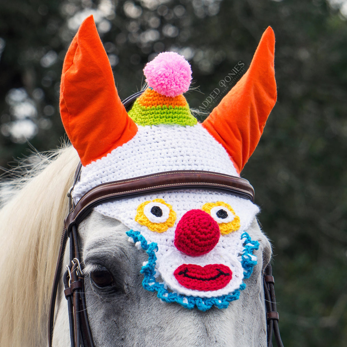 Colorful Funny Clown Face Halloween Costume Fly Veil Bonnet Horse Size