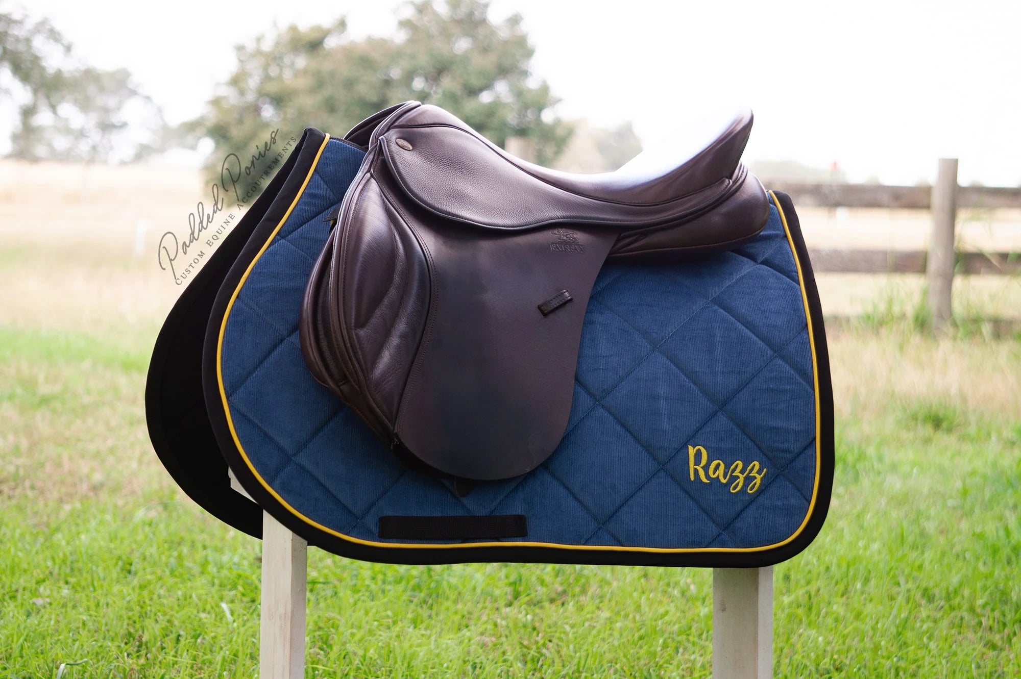 Denim Blue and Yellow Corduroy All Purpose Saddle Pad with Monogram