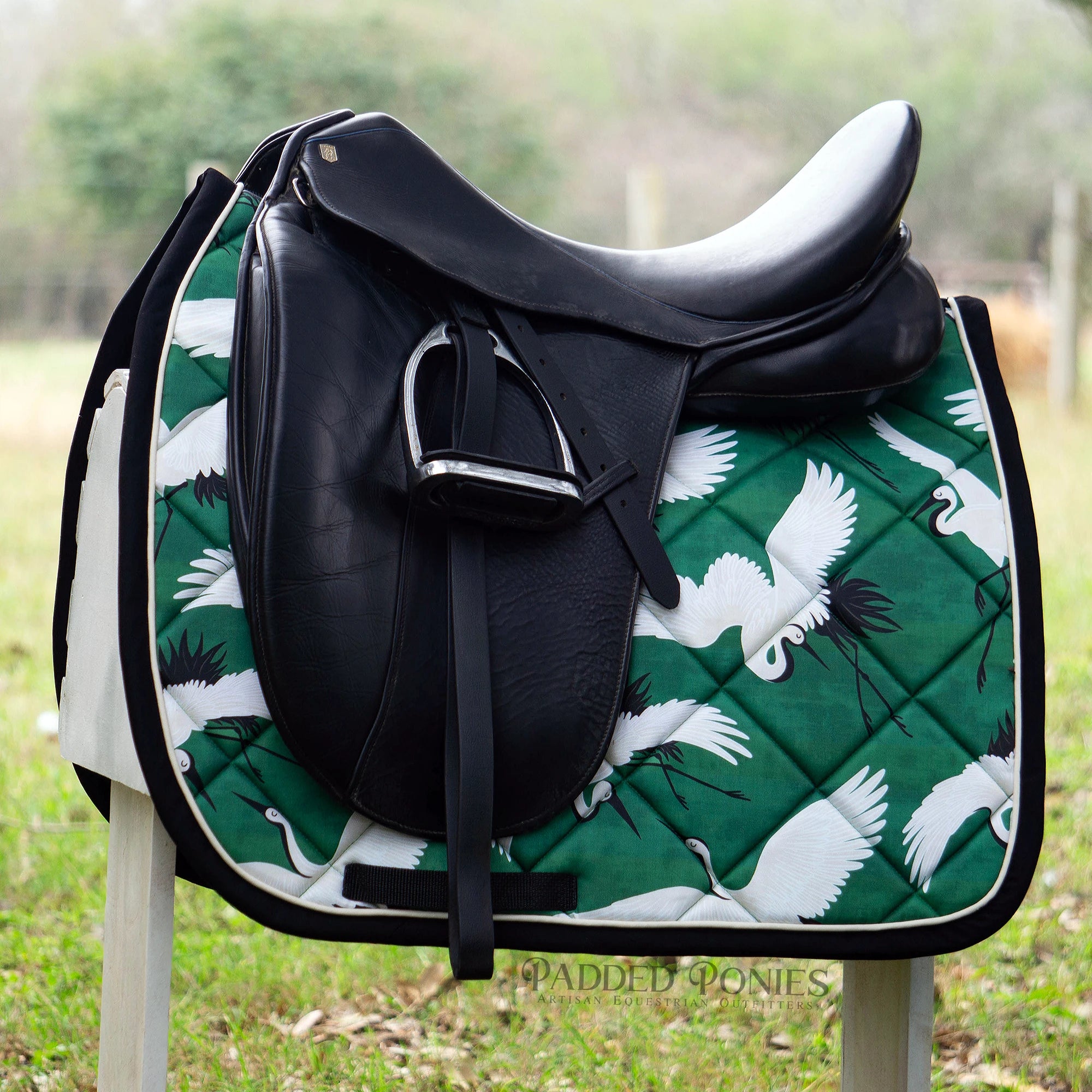Emerald Green and Black Cranes Design Dressage Saddle Pad