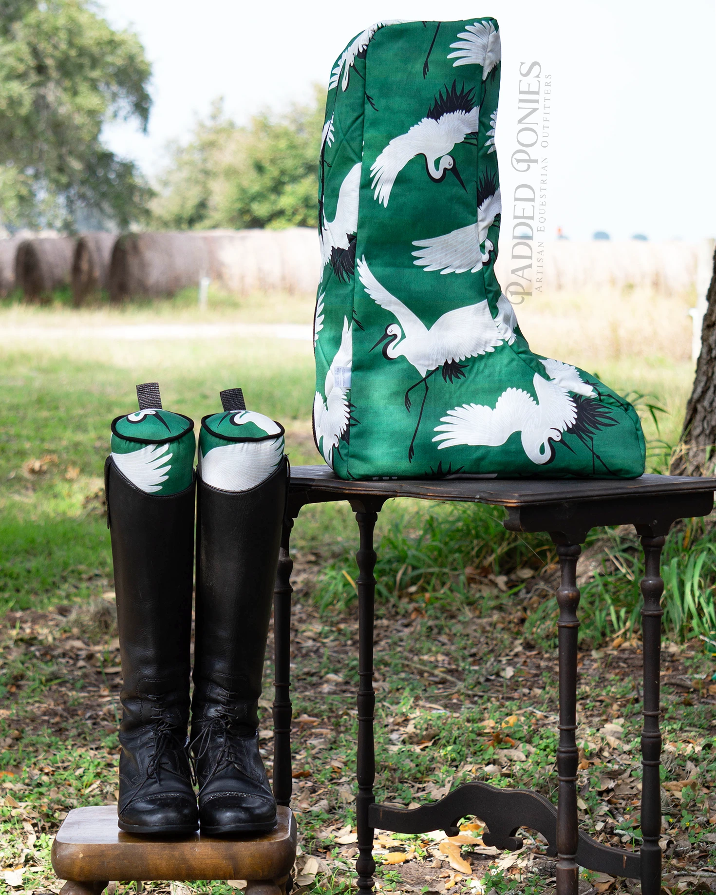 Emerald Green Cranes Equestrian Tall Boot Bag and Matching Boot Tree Shapers
