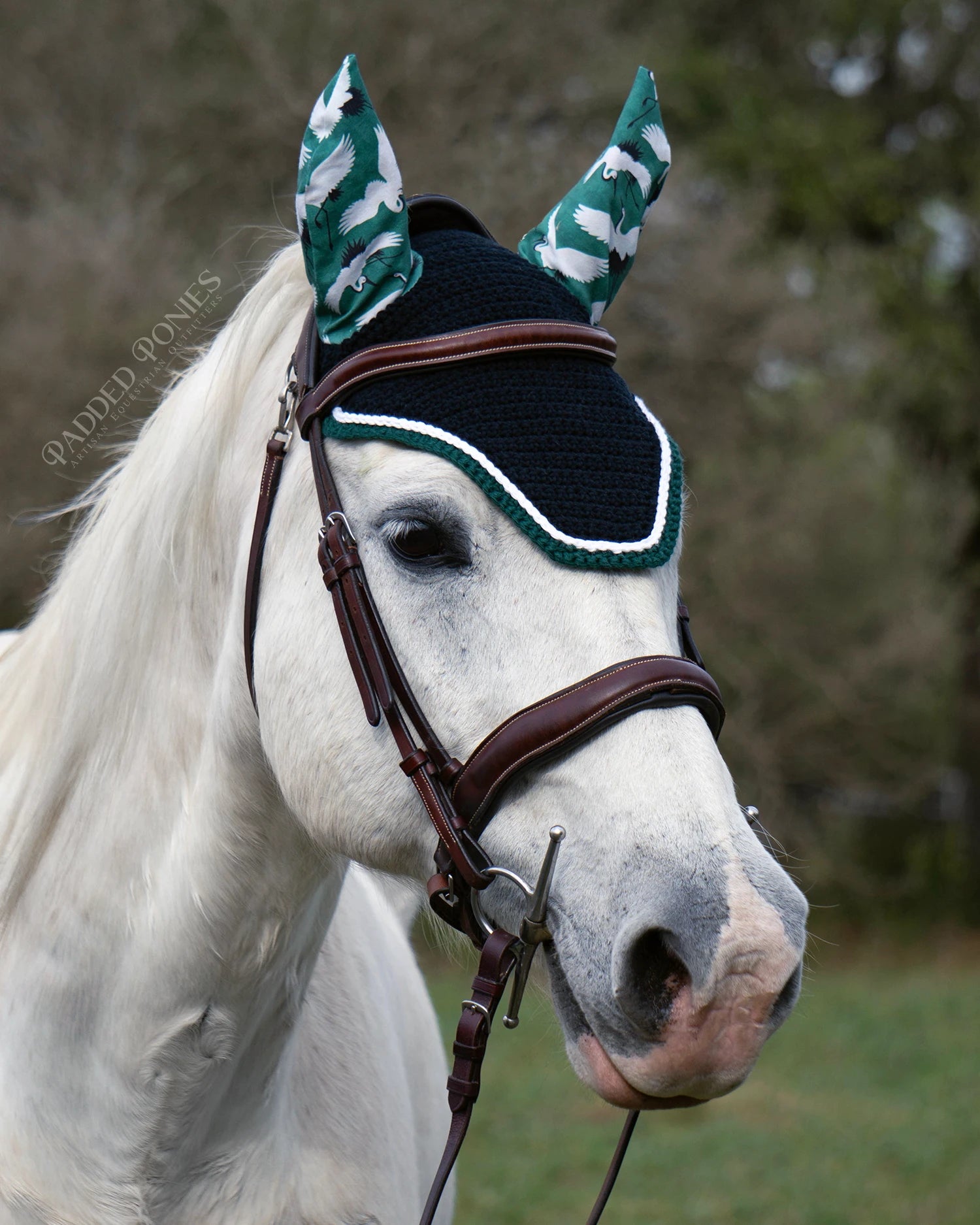 Emerald Green and Black Cranes Birds Horse Fly Veil Bonnet