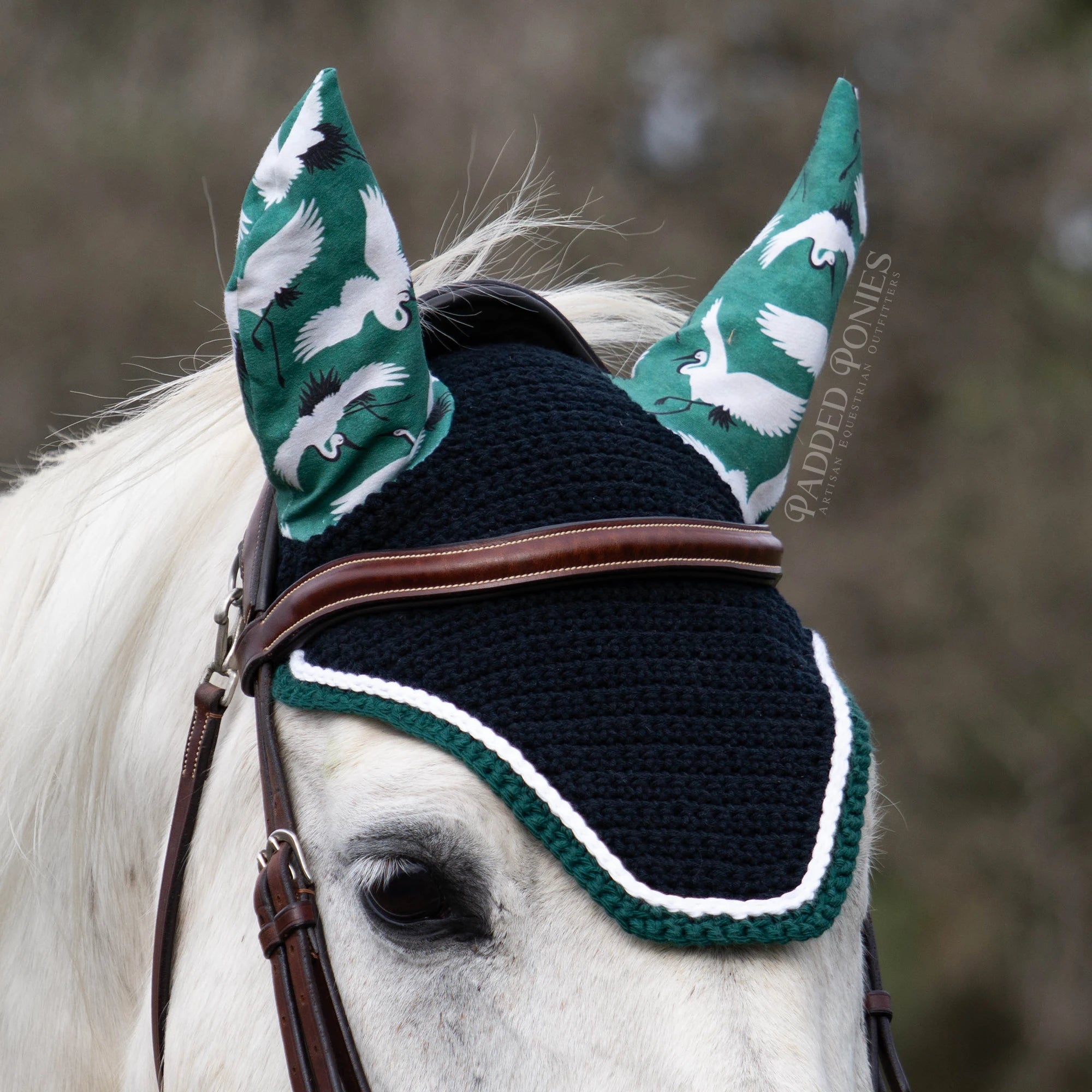 Emerald Green and Black Cranes Birds Horse Fly Veil Bonnet