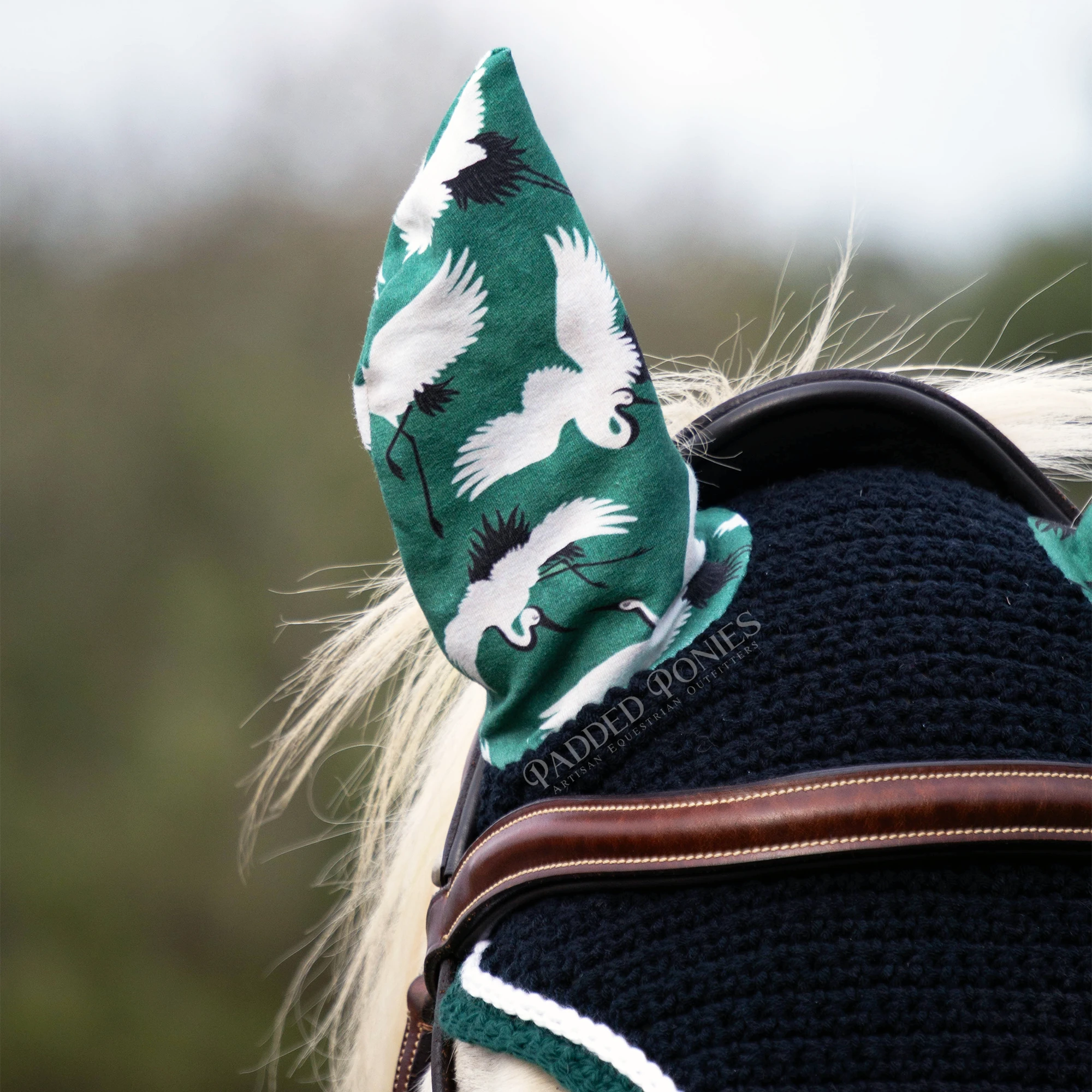 Emerald Green and Black Cranes Birds Horse Fly Veil Bonnet