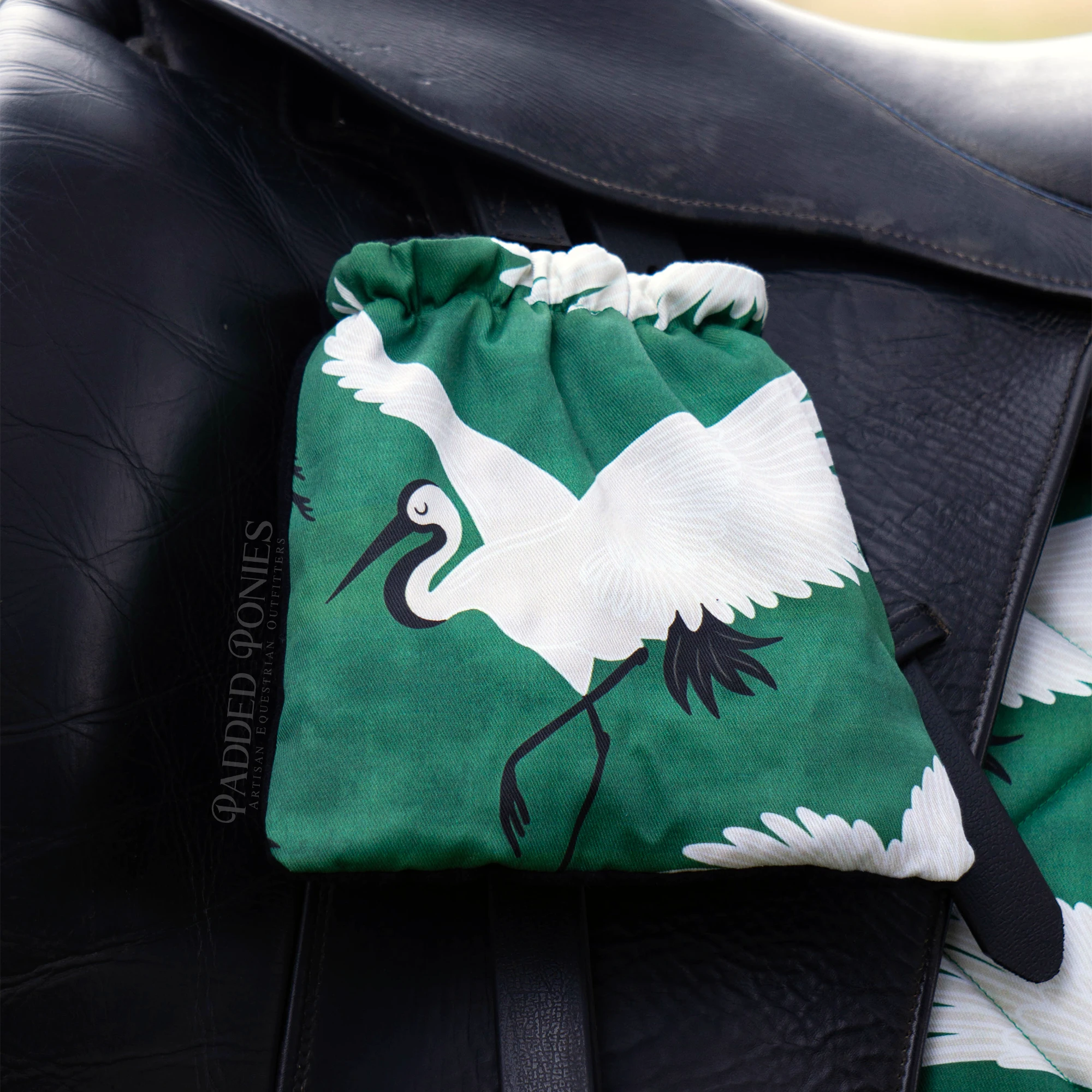Emerald Green and Black Cranes Design Stirrup Covers