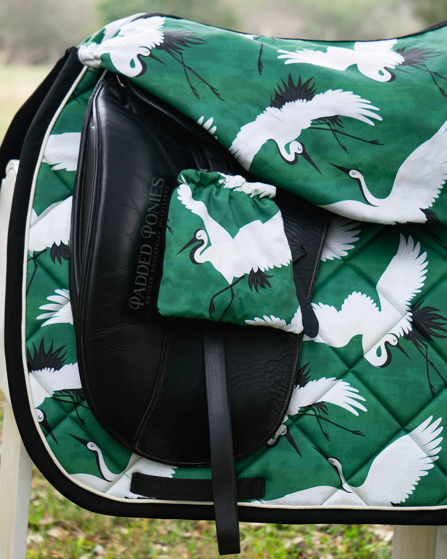Emerald Green and Black Cranes Design Dressage Saddle Pad with Matching Saddle Cover and Stirrup Covers