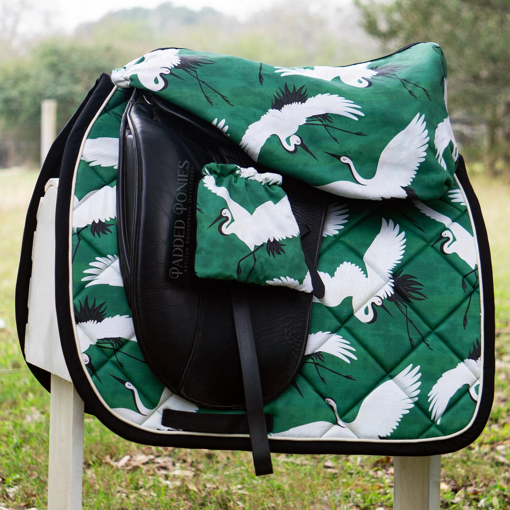 Emerald Green and Black Cranes Design Stirrup Covers and Matching Set