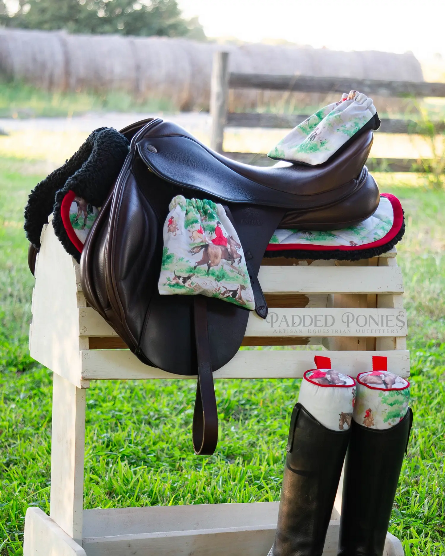 Red and Black Foxhunting Equestrian Tall Boot Shaper Trees with Matching Half Pad and Stirrup Covers