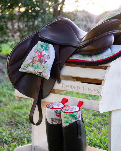 Red and Black Foxhunting Equestrian Tall Boot Shaper Trees with Matching Half Pad and Stirrup Covers