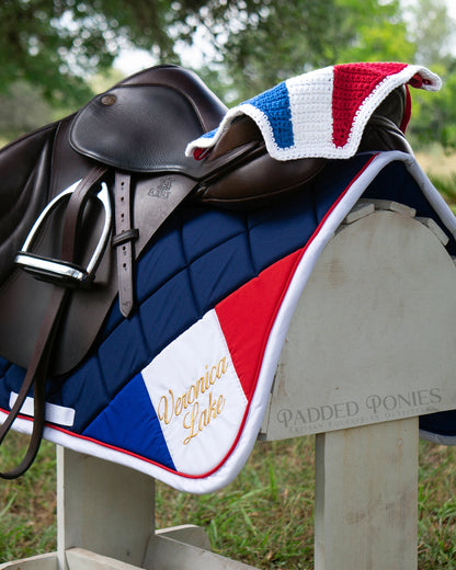 France Flag Corner All Purpose Saddle Pad With Monogram and Matching Fly Bonnet