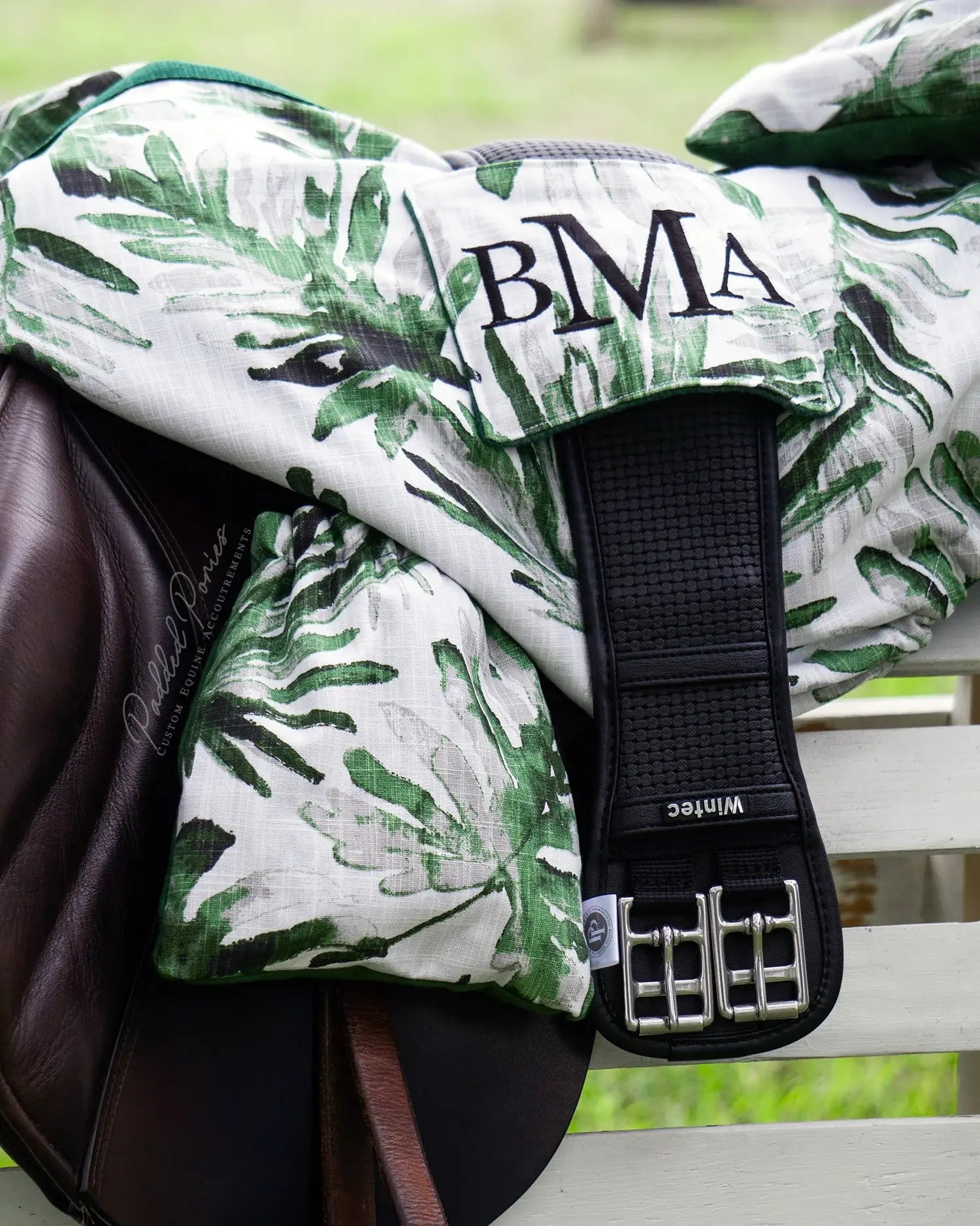 Green Fronds Leaves Print All Purpose Monogrammed Saddle Cover with Girth Pocket Holder and Matching Stirrup Covers