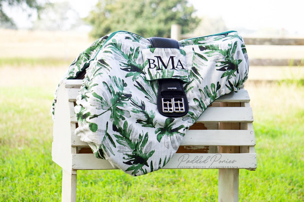 Green Fronds Leaves Print All Purpose Monogrammed Saddle Cover with Girth Pocket Holder