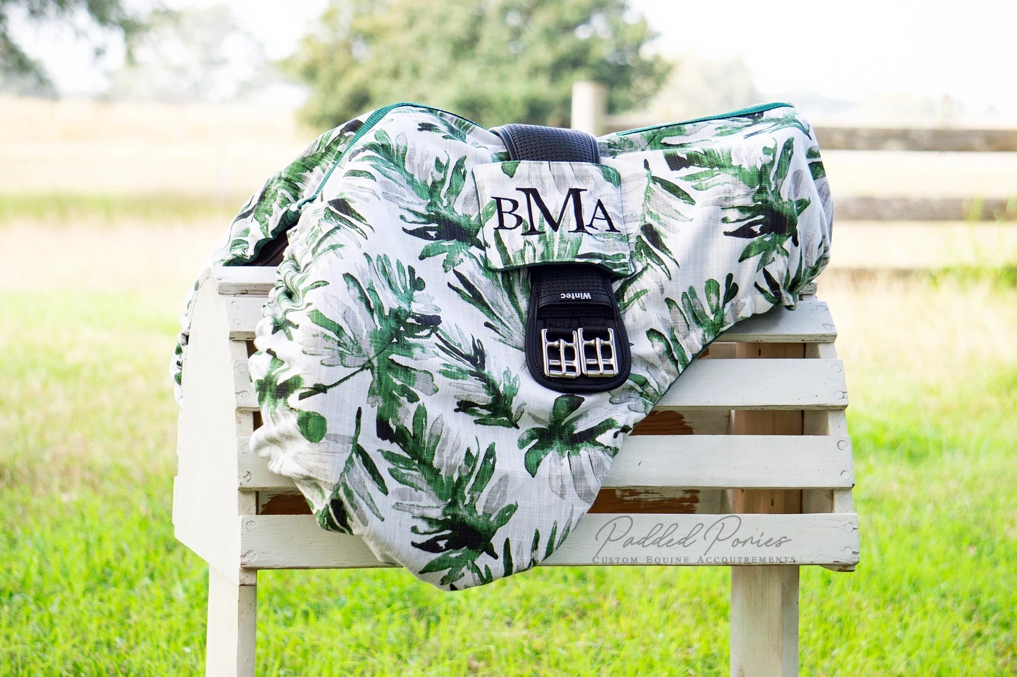 Green Fronds Leaves Print All Purpose Monogrammed Saddle Cover with Girth Pocket Holder