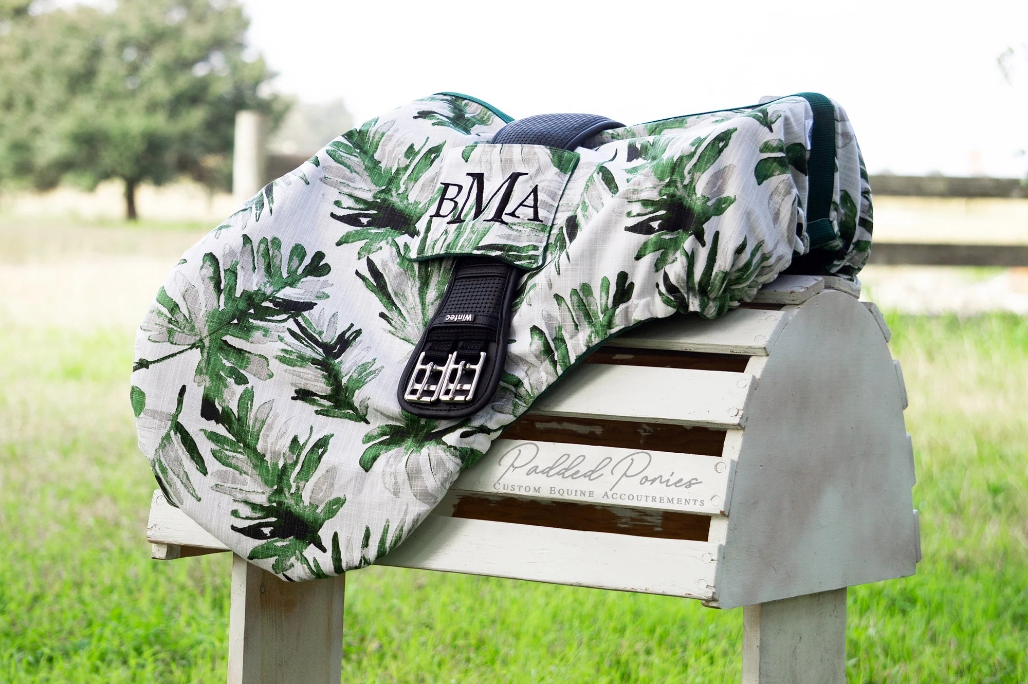 Green Fronds Leaves Print All Purpose Monogrammed Saddle Cover with Girth Pocket Holder
