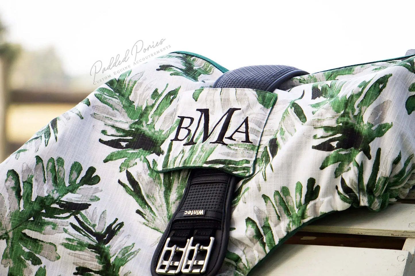 Green Fronds Leaves Print All Purpose Monogrammed Saddle Cover with Girth Pocket Holder