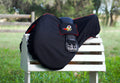 Black and Red Curious George Monkey Patch Saddle Cover with Girth Pocket Holder