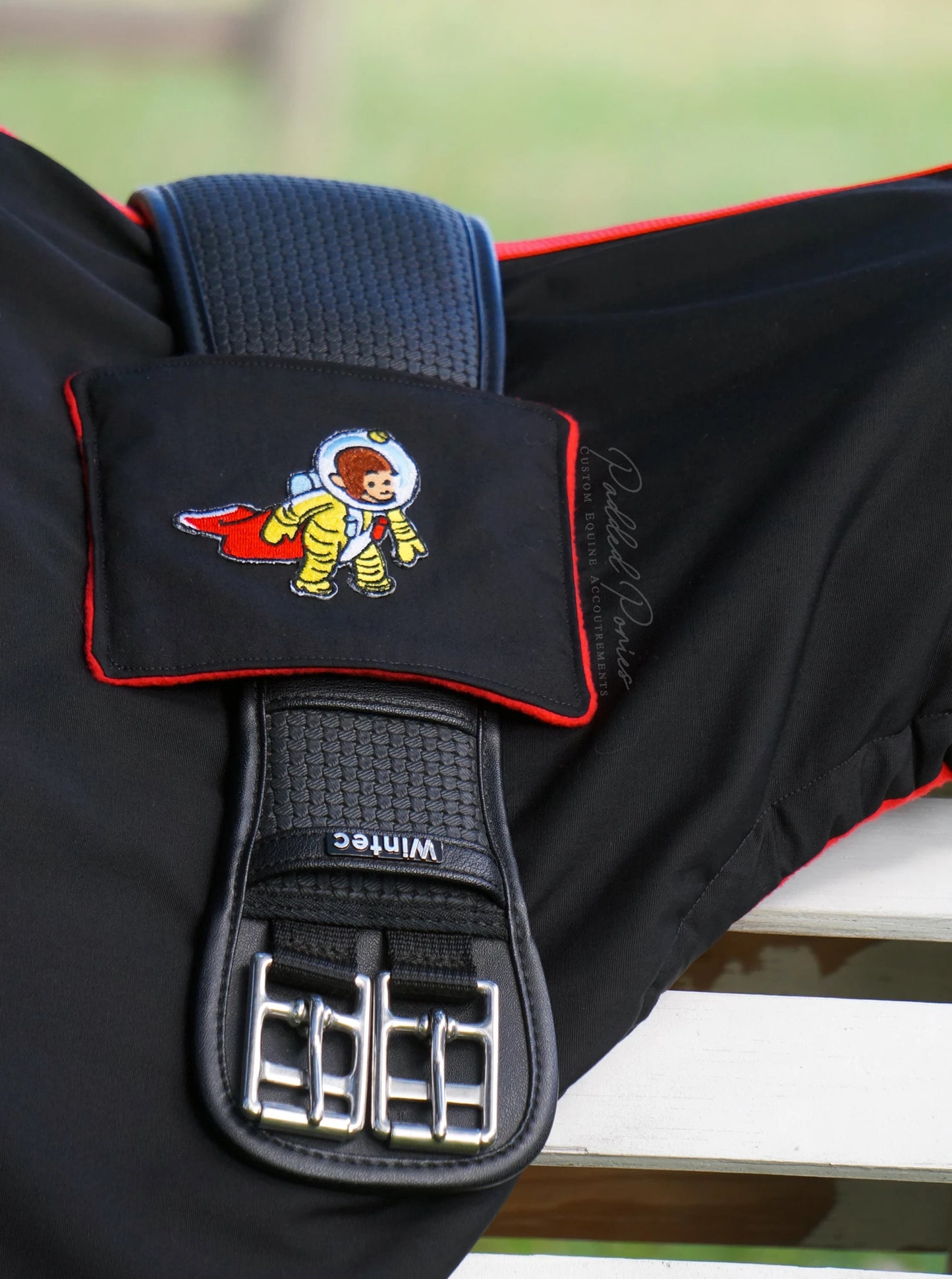 Black and Red Curious George Monkey Patch Saddle Cover with Girth Pocket Holder