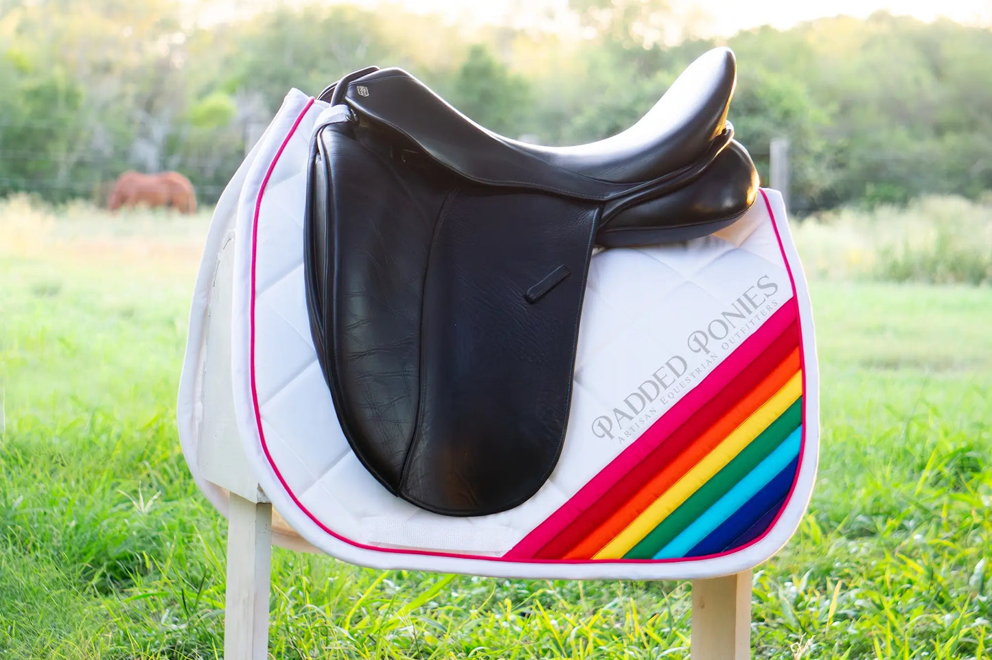 LGBTQ+ Gay Pink Rainbow Flag Corner White Dressage Saddle Pad