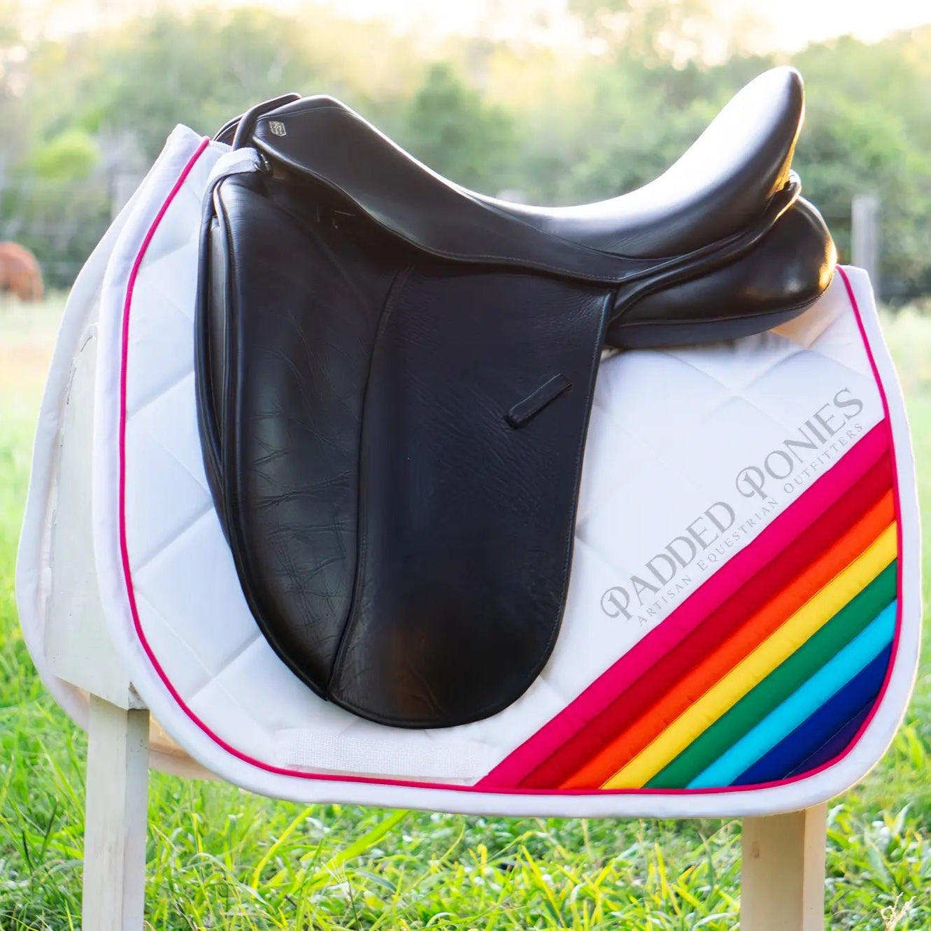 LGBTQ+ Gay Pink Rainbow Flag Corner White Dressage Saddle Pad
