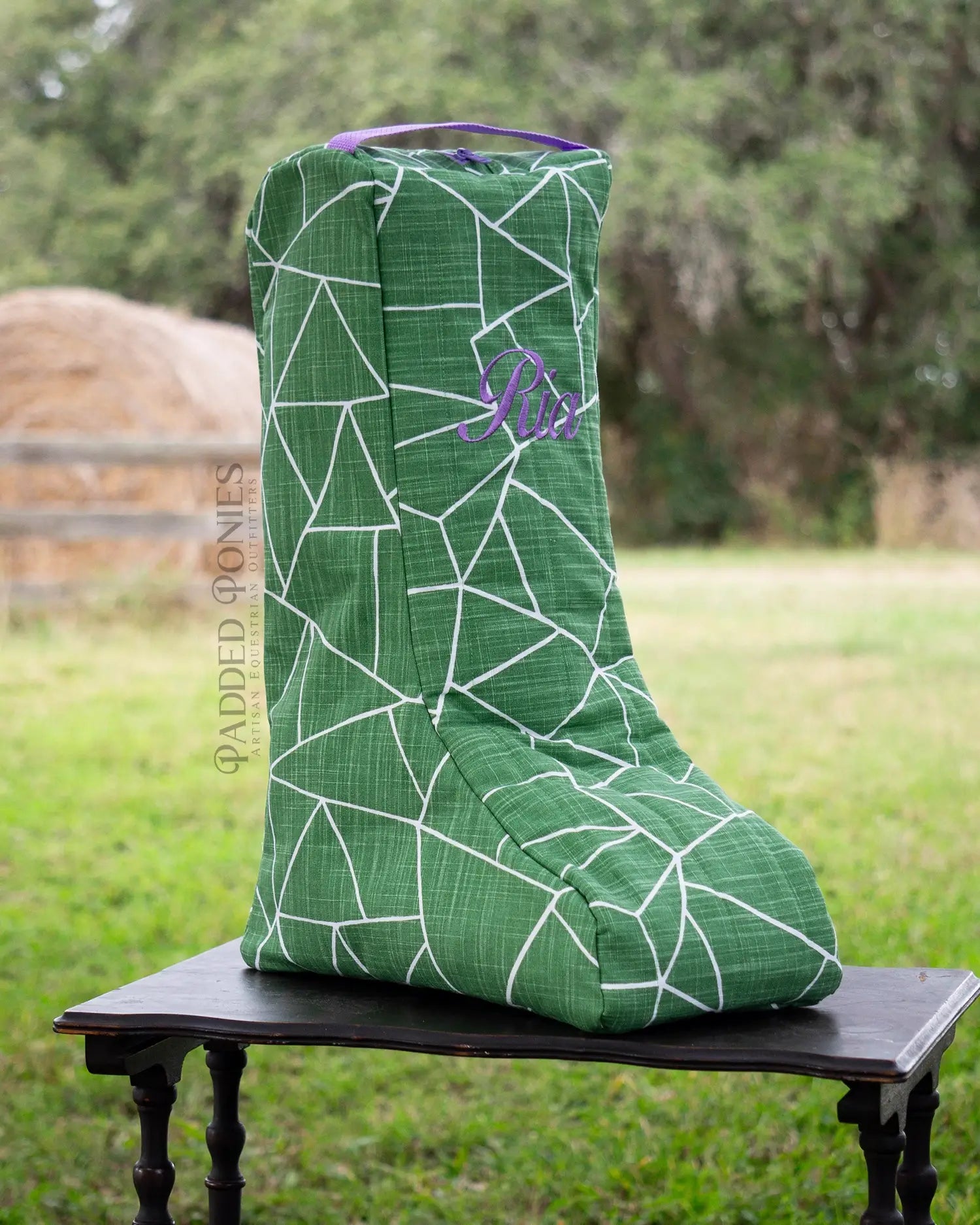 Green Geometric Glass Boot Bag with Monogram Embroidery