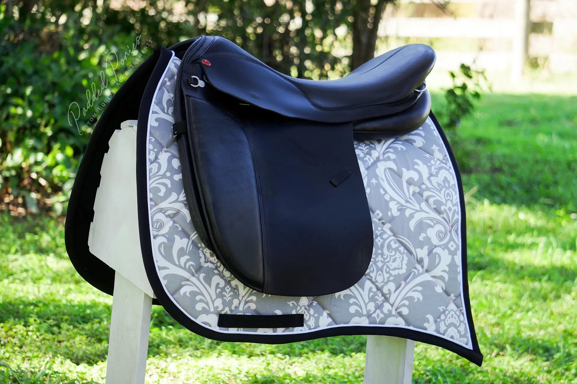 Gray and Black Floral Damask Dressage Saddle Pad with Swallowtail Corner