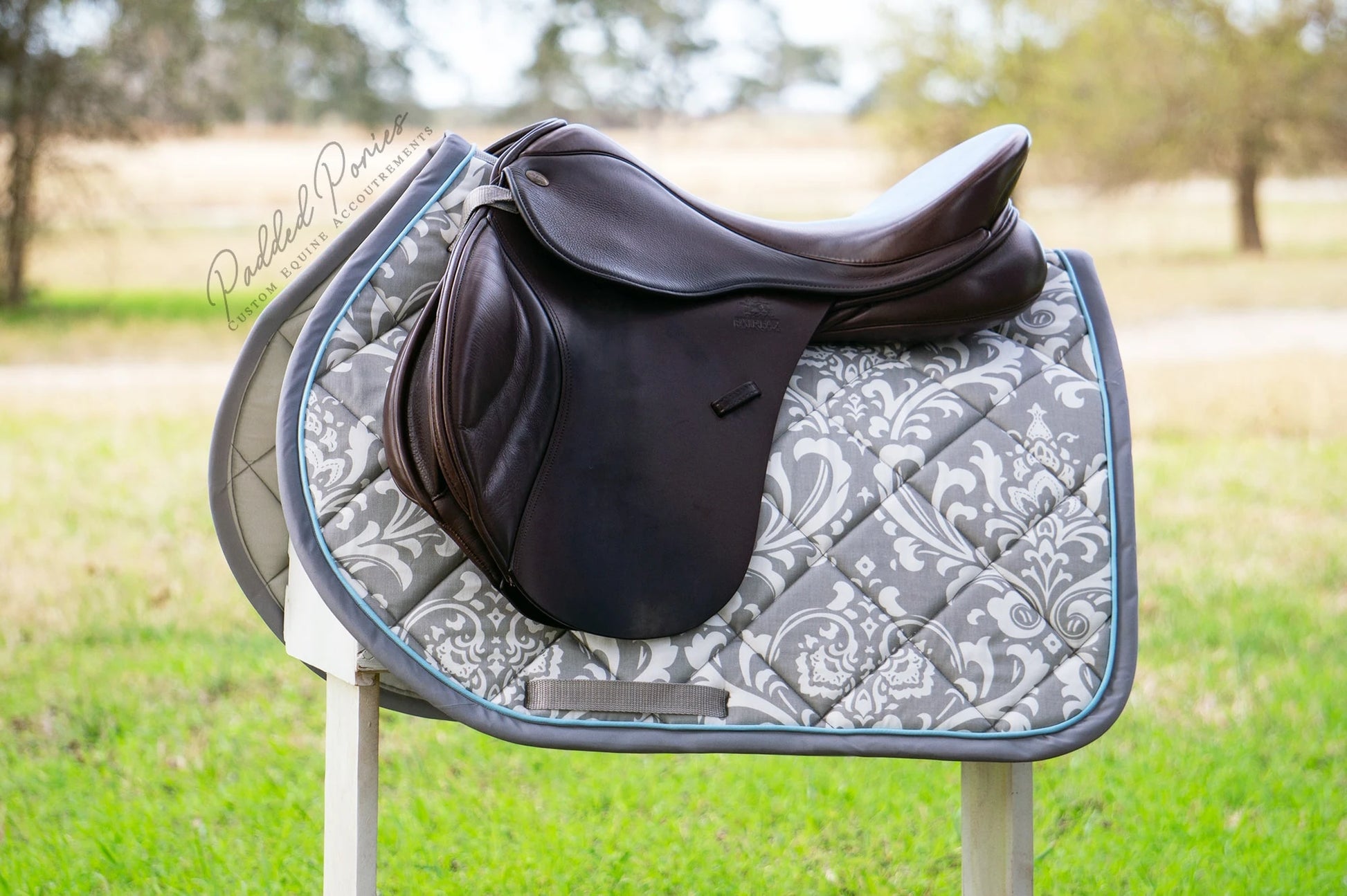 Gray and Baby Blue Floral Damask Jump Saddle Pad