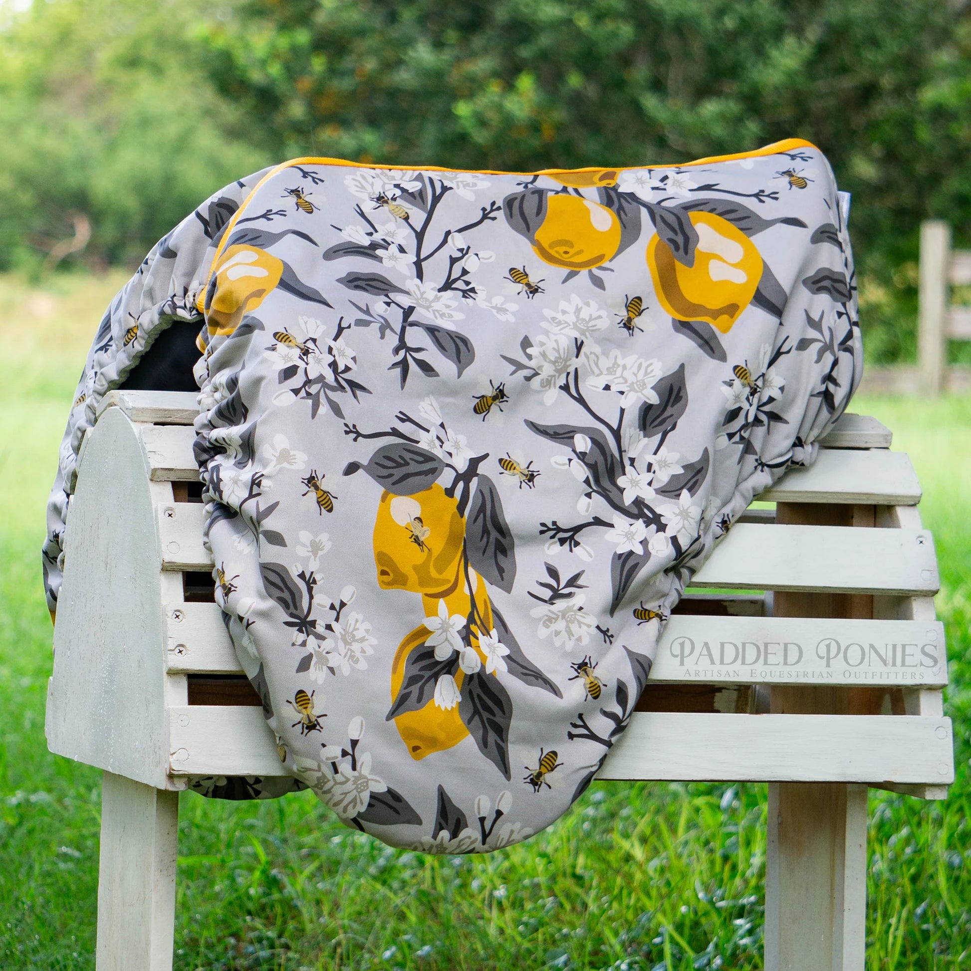 Light Gray and Marigold Yellow Lemons and Bees Floral Print Dressage Saddle Cover