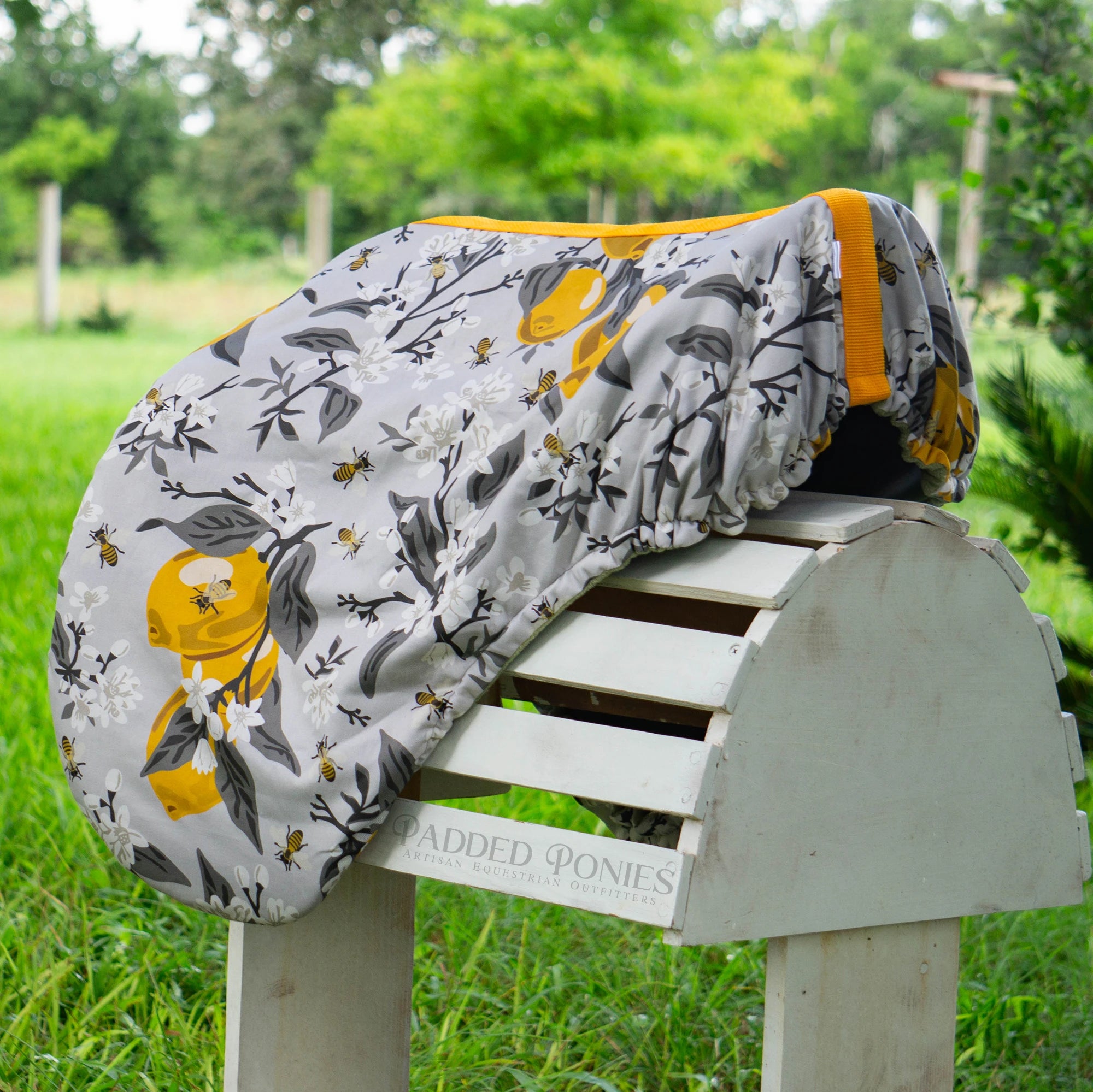 Light Gray and Marigold Yellow Lemons and Bees Floral Print Dressage Saddle Cover