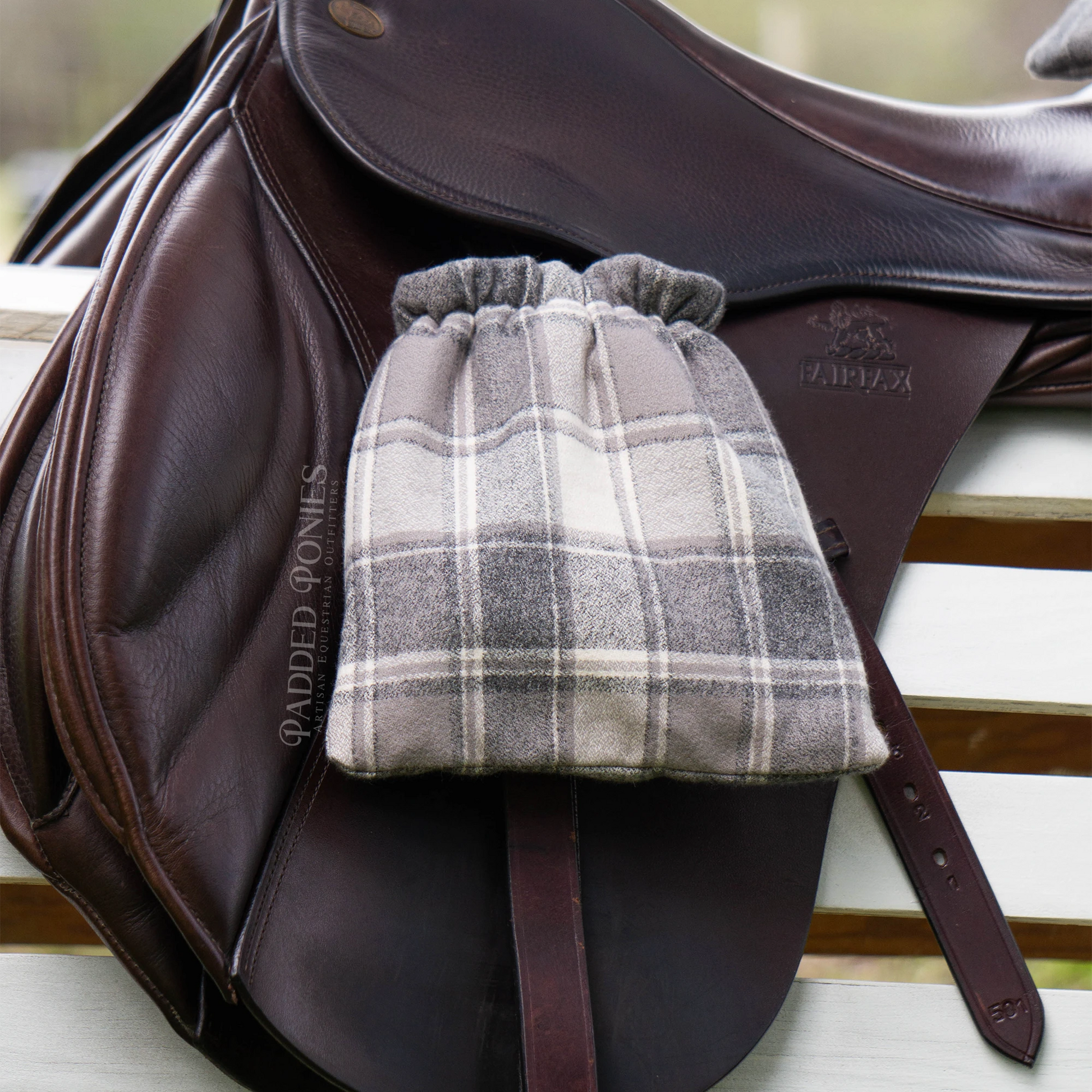 Charcoal Gray and Ivory Plaid Flannel Stirrup Covers