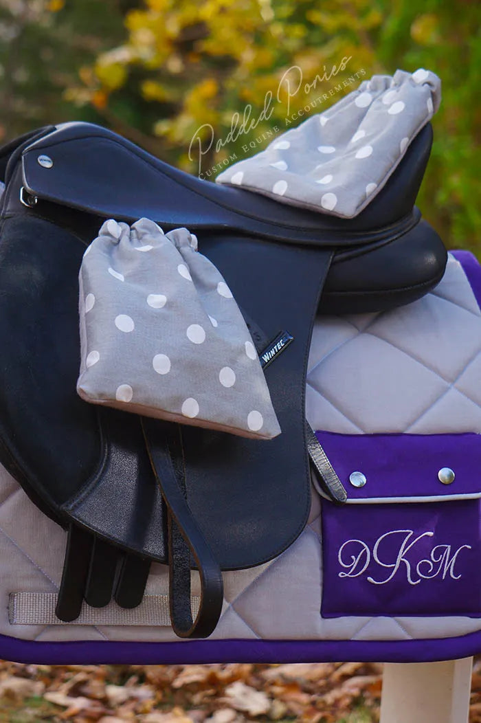 Gray and Purple Polka Dot Stirrup Covers and Saddle Pad