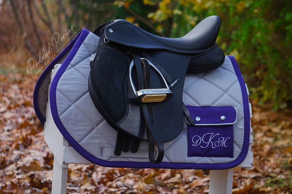 Gray and Purple Solid Color Pony All Purpose Saddle Pad with Monogrammed Trail Pocket