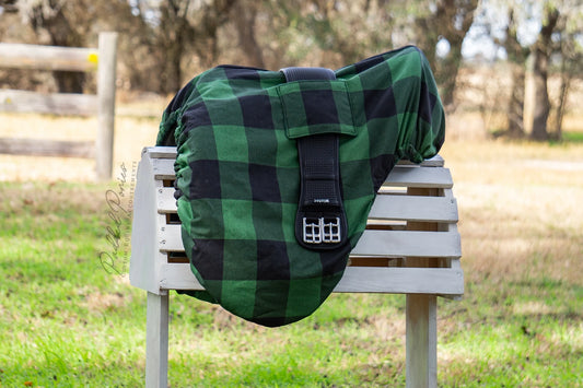 Green and Black Buffalo Plaid Dressage Saddle Cover with Girth Pocket Holder
