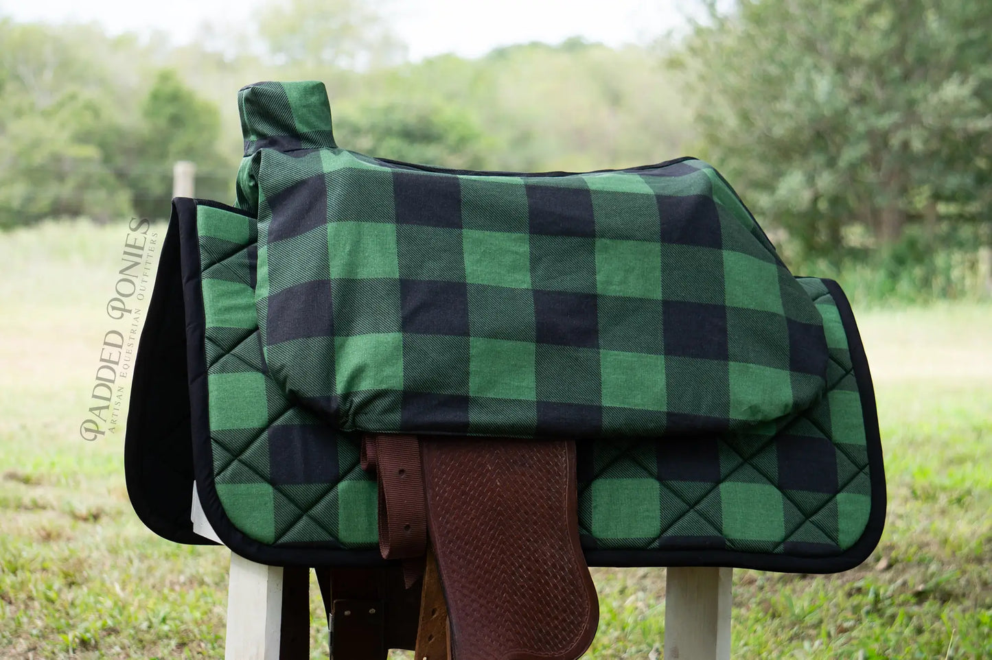 Green and Black Buffalo Plaid Western Saddle Pad with Matching Saddle Cover Set