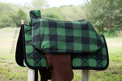 Green and Black Buffalo Plaid Western Saddle Cover with Matching Saddle Pad