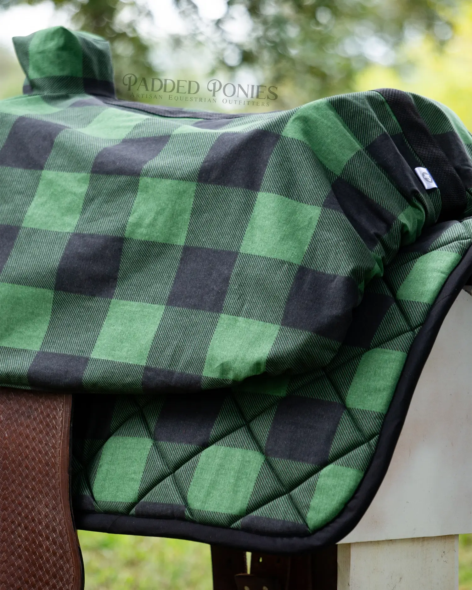 Green and Black Buffalo Plaid Western Saddle Cover with Matching Saddle Pad