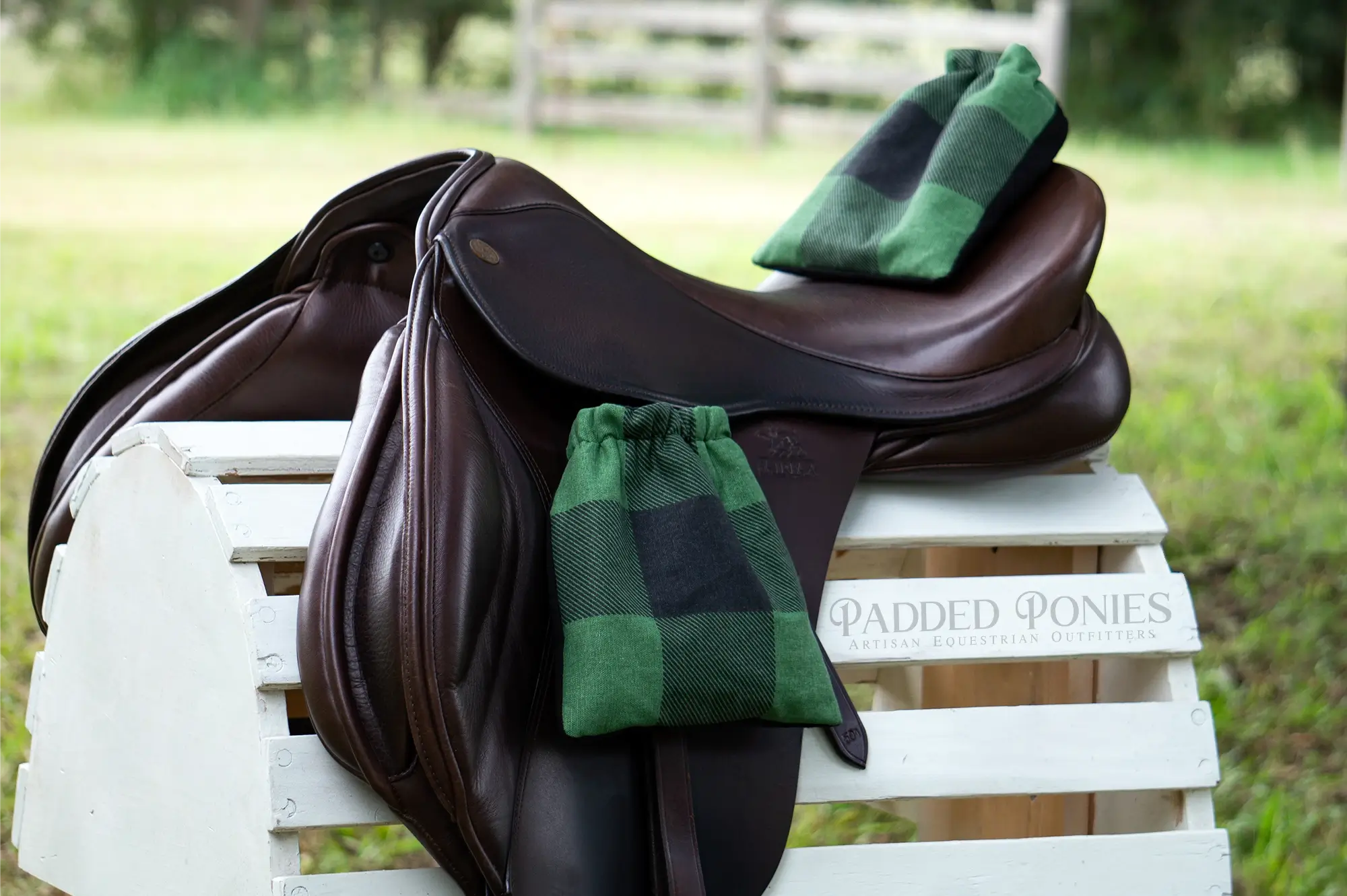 Green and Black Buffalo Plaid Stirrup Covers