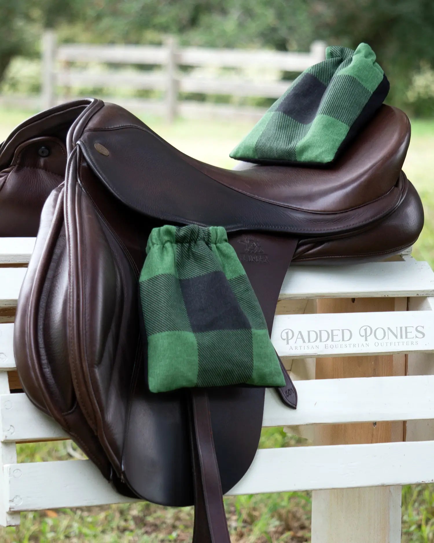 Green and Black Buffalo Plaid Stirrup Covers