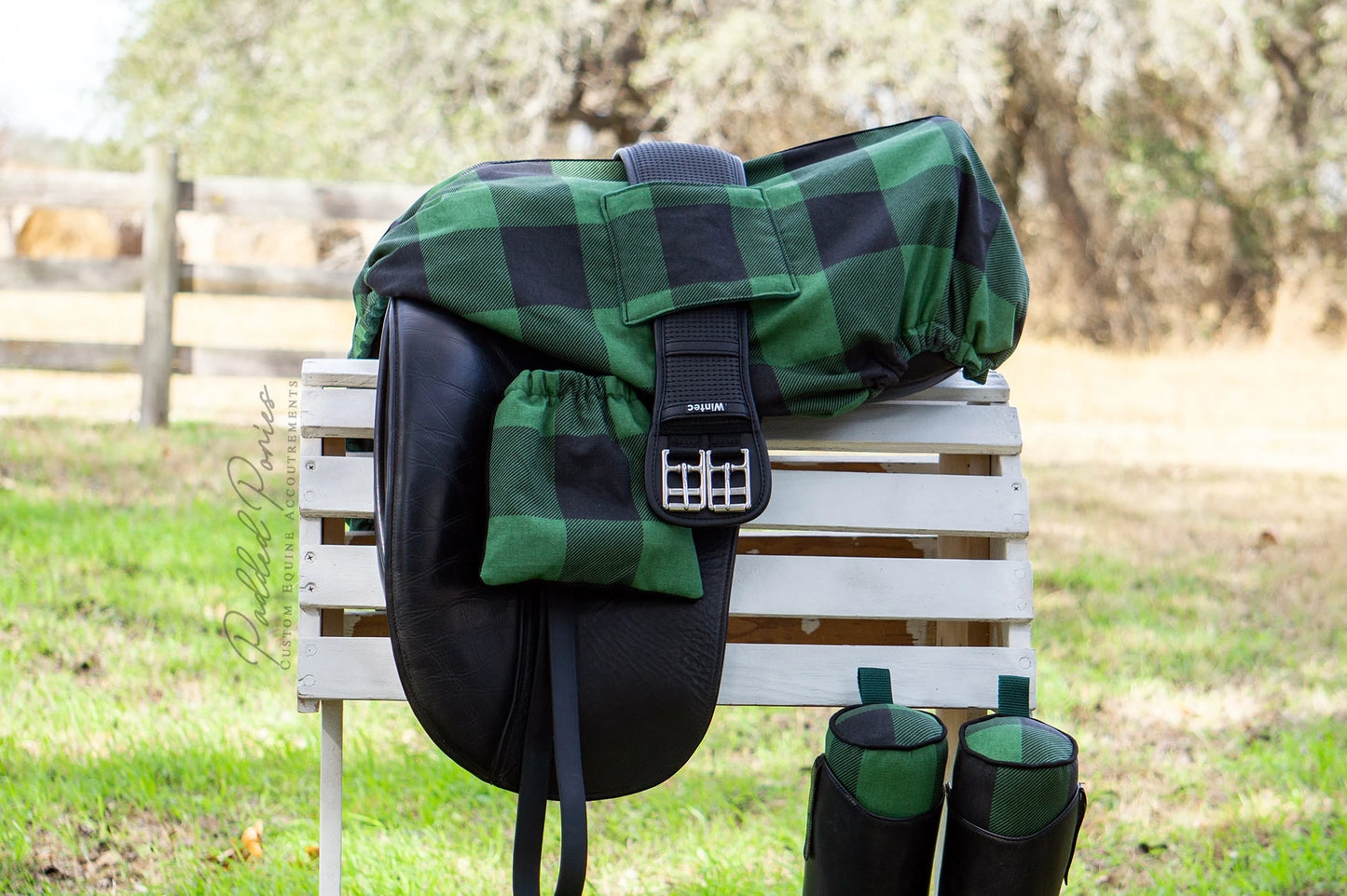 Green and Black Buffalo Plaid Dressage Saddle Cover with Girth Pocket Holder and Matching Accessories