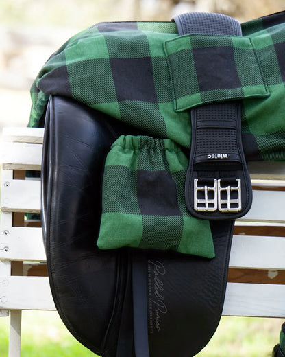 Green and Black Buffalo Plaid Dressage Saddle Cover with Girth Pocket Holder and Matching Stirrup Covers