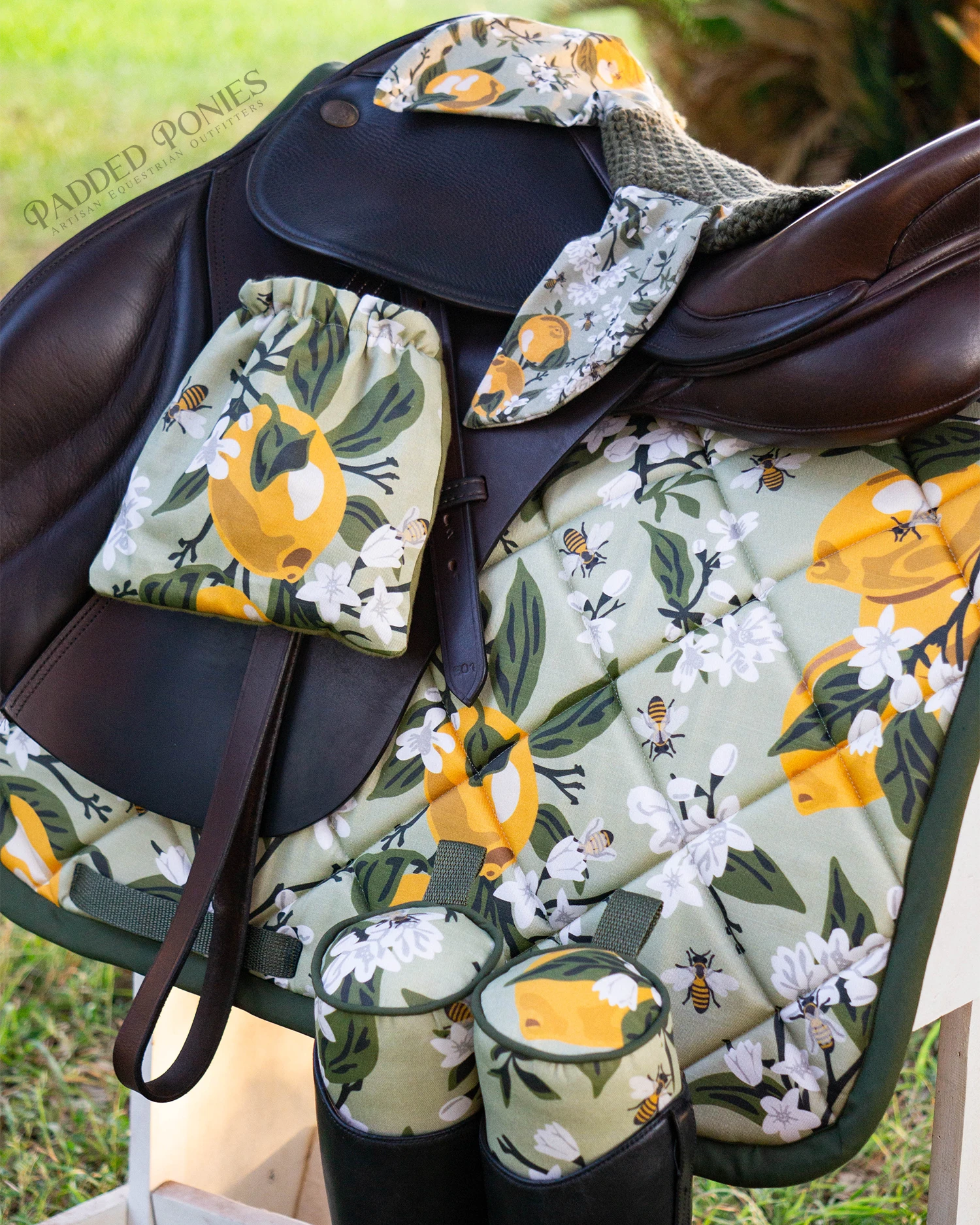 Green Lemons Matching Set - Saddle Pad, Boot Trees, Stirrup Covers, and Fly Bonnet