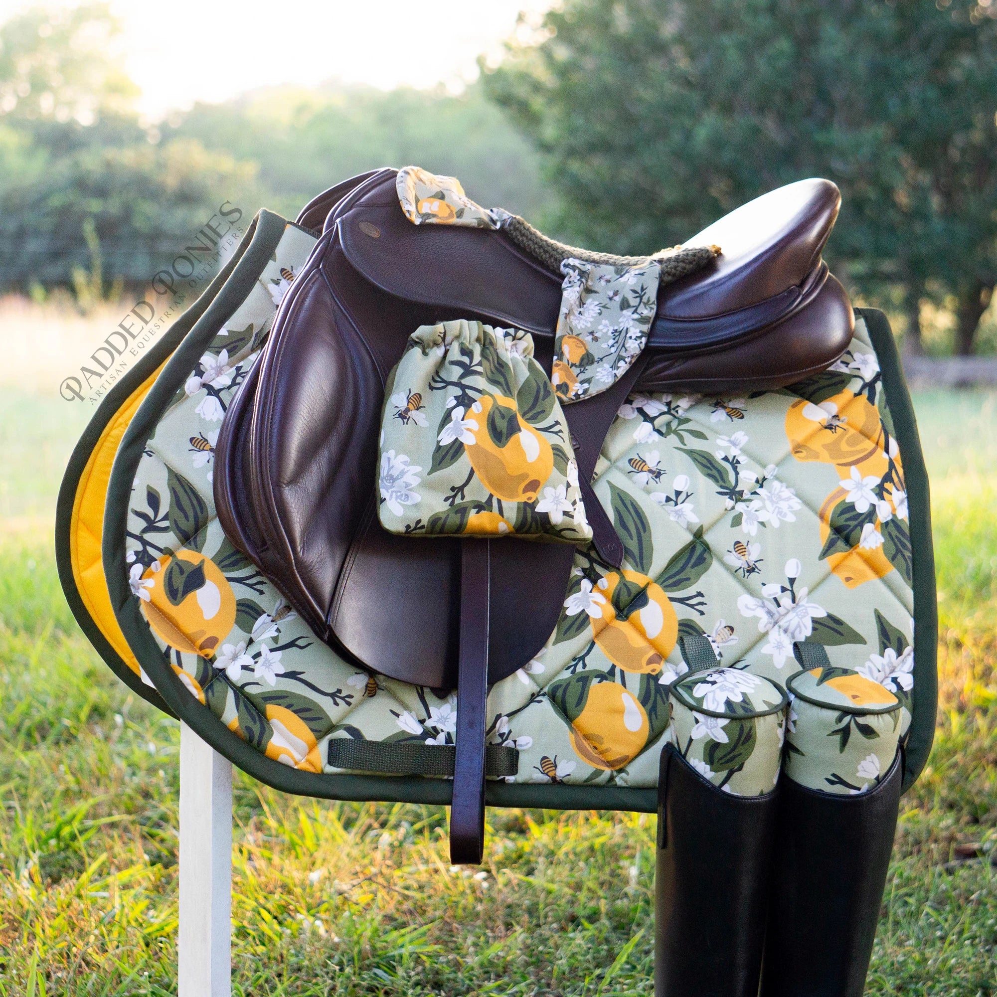 Green Lemons Matching Set - Saddle Pad, Boot Trees, Stirrup Covers, and Fly Bonnet